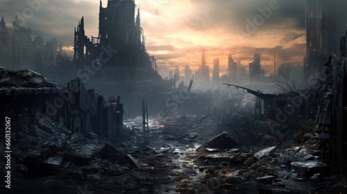 City in ruins, destroyed by a cataclysmic event or war