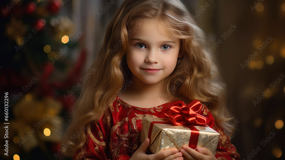 A little girl holds a gift box with a Christmas or New Year's gift. A little girl holds a gift box with a Christmas or New Year's gift.