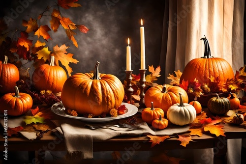 Thanksgiving table setting with pumpkins and candles. Autumn home decoration