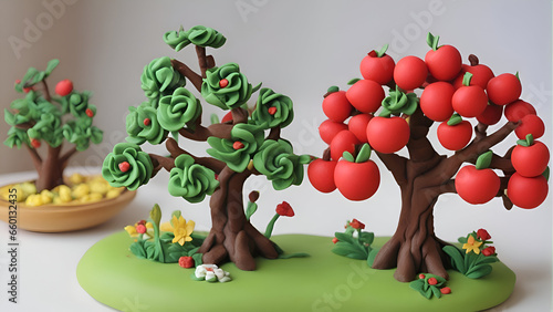 3d illustration of an apple tree made of plasticine and fruits