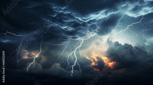 A flash of lightning illuminating the night sky during a thunderstorm, symbolizing various weather phenomena and natural cataclysms such as hurricanes, typhoons, tornadoes, and storms