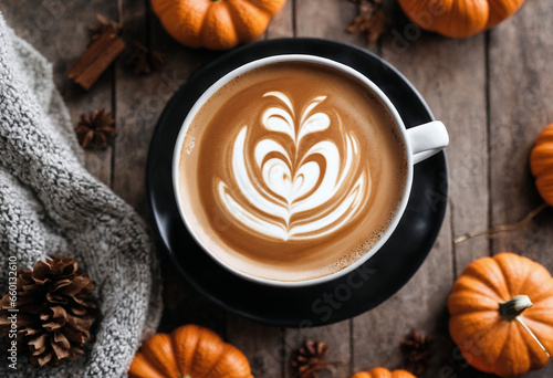 home decoration with latte and pumpkins on a wooden table, still life, cozy, halloween holiday background with lights