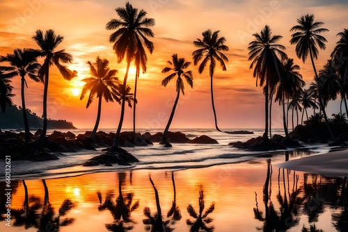 Gorgeous tropical sunset over beach with palm tree silhouettes Perfect for summer travel and vacation 