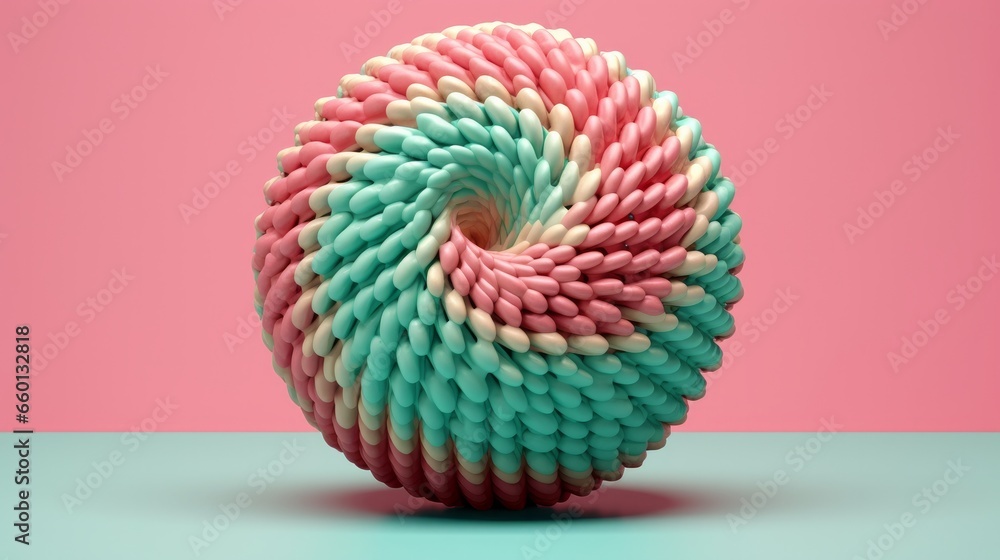 A 3D textured round object with pink and green elements set against a light blue background A 3D textured round object with pink and green elements set against a light blue background