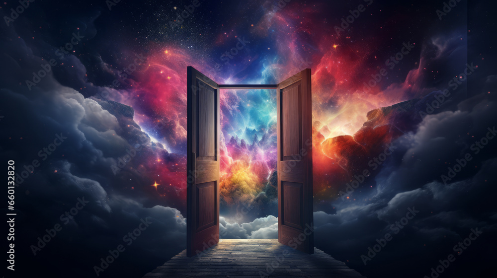 An open door leading to a colorful sky filled with stars