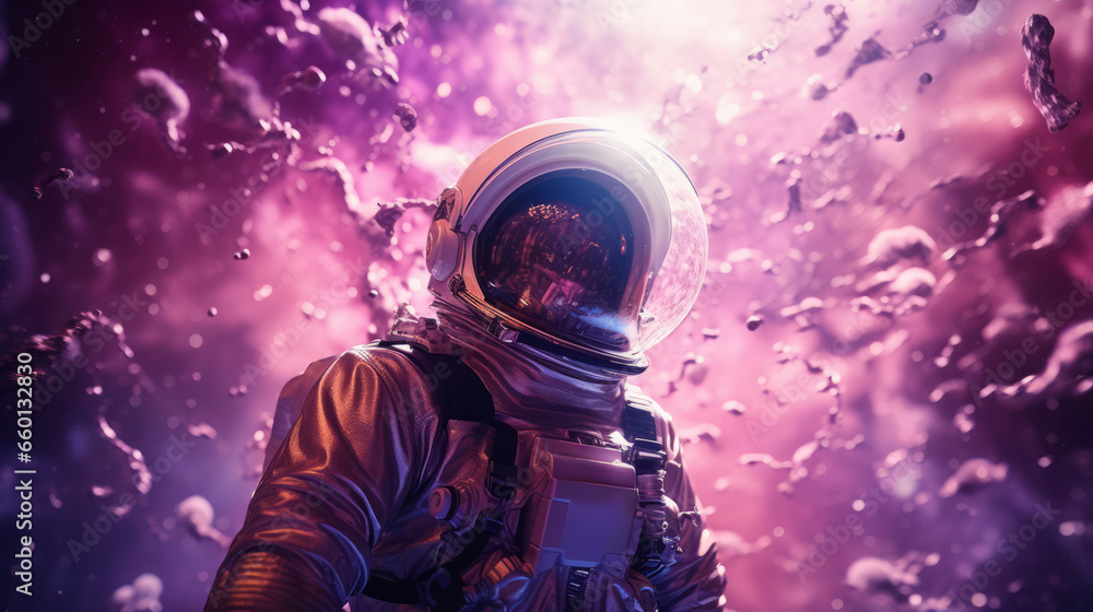A man in a space suit standing in front of a purple background A man in a space suit standing in front of a purple background