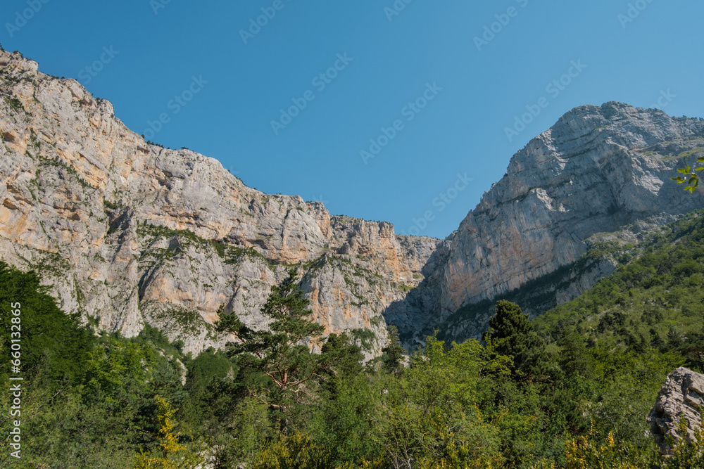 View on the limestone cliffs of the Archiane Cirque near Chatillon en Diois in the French Alps (Drome)