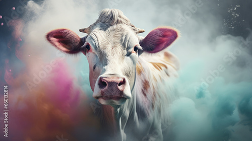 A painting of a cow in a cloud of smoke