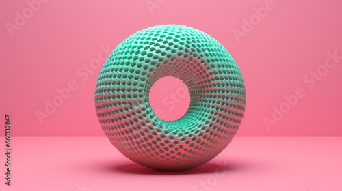 A 3D textured round object with pink and green elements set against a light blue background