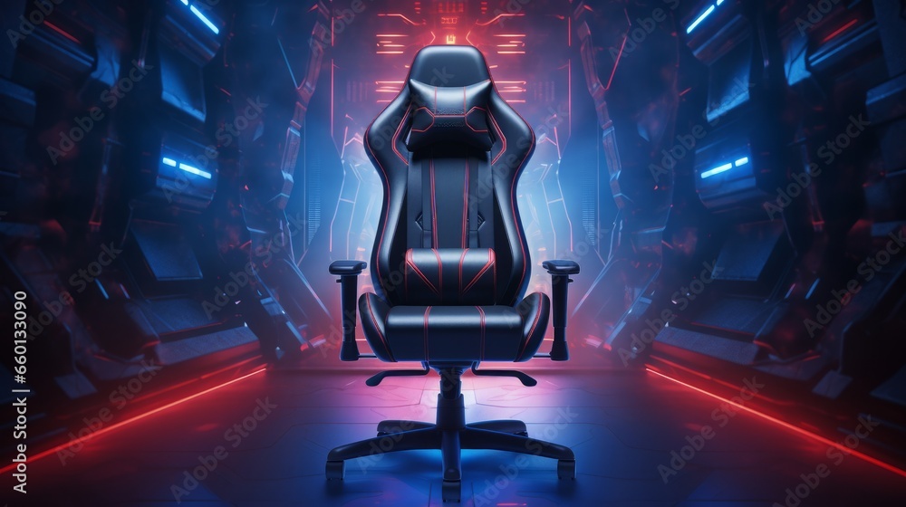 A black gaming chair situated in front of black backgrounds illuminated by red and blue lights. There's also space available for adding text. This is a 3D render - obrazy, fototapety, plakaty 