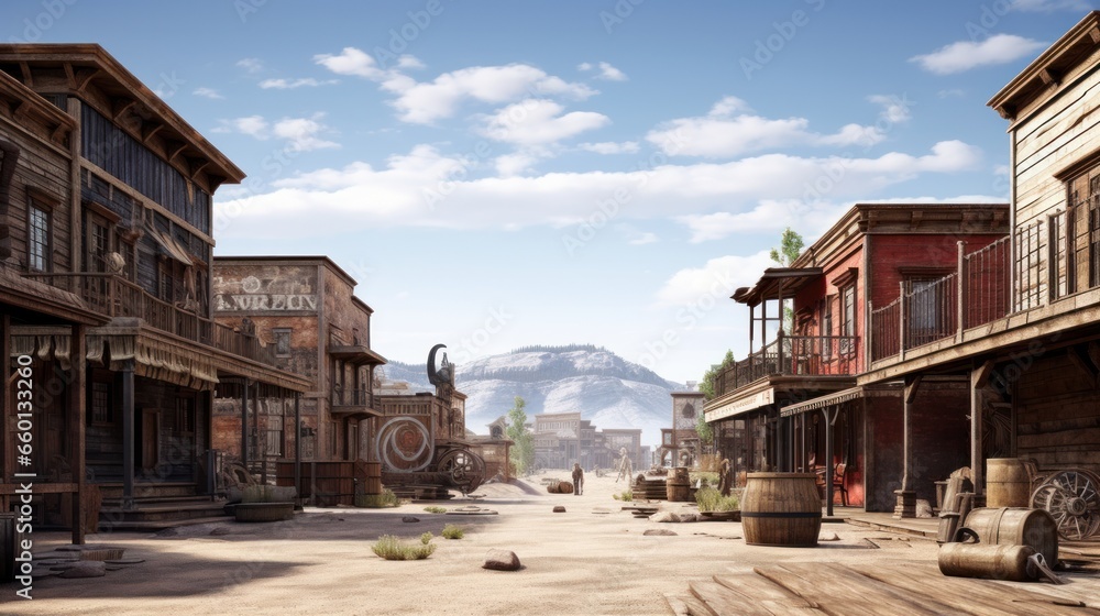 This expansive image provides a side view of a charming and rustic antique Western town, featuring a variety of quaint businesses and establishments that capture the essence of the Old West.