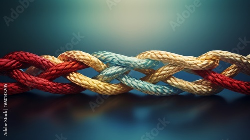 The concept of unity and teamwork is illustrated through the metaphor of diverse ropes coming together, symbolizing corporate collaboration and cooperation