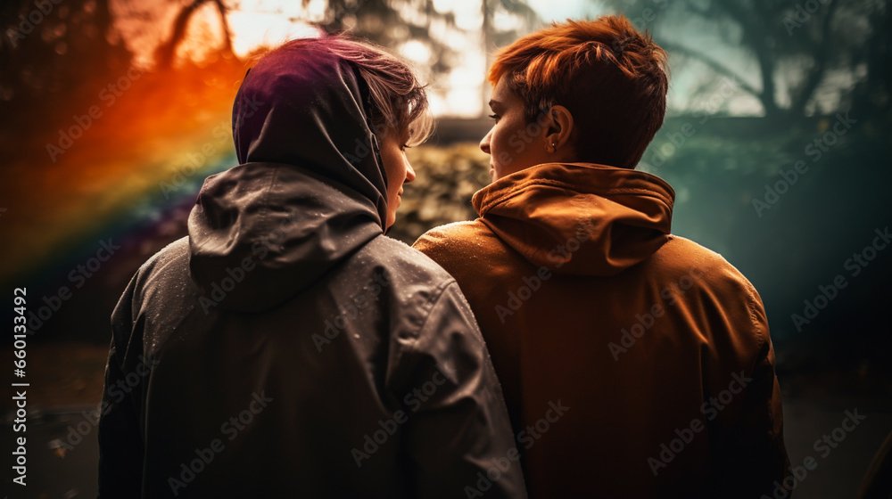 LGBT couple hugging outdoors. LGBT rainbow flag. LGBT couple hugging outdoors. LGBT rainbow flag.