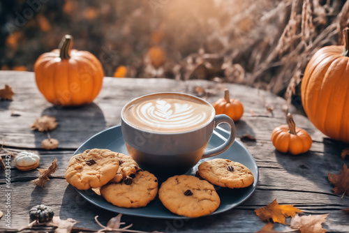 still life of a cup of hot latte and cookies and pumpkins on an old wooden table against the background of beautiful autumn nature at sunset, decoration for Halloween