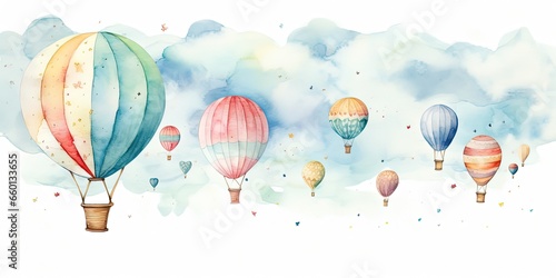 watercolor style illustration of hot air balloons float in sky, Generative Ai