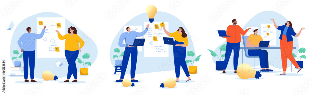 Business idea and innovation work - People in workshop working with sticky notes and solving problems in workshop and meeting. Flat design cartoon vector illustration with white background