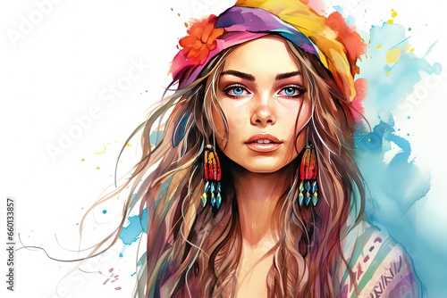 watercolor style illustration, close up face portrait of young woman wearing bohemian headdress with color splash and drop, Generative Ai