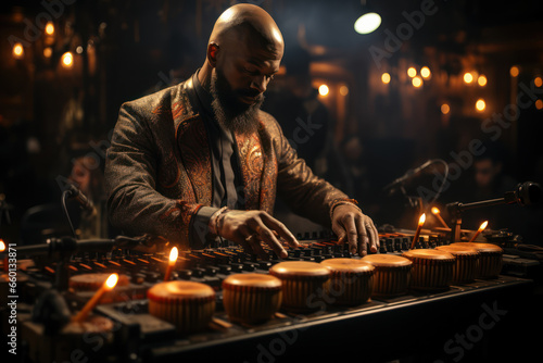 A percussionist using mallets to strike a marimba, creating a soothing percussive melody. Concept of melodic percussion. Generative Ai. © Sebastian