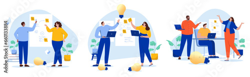 Business idea and innovation work - People in workshop working with sticky notes and solving problems in workshop and meeting. Flat design cartoon vector illustration with white background