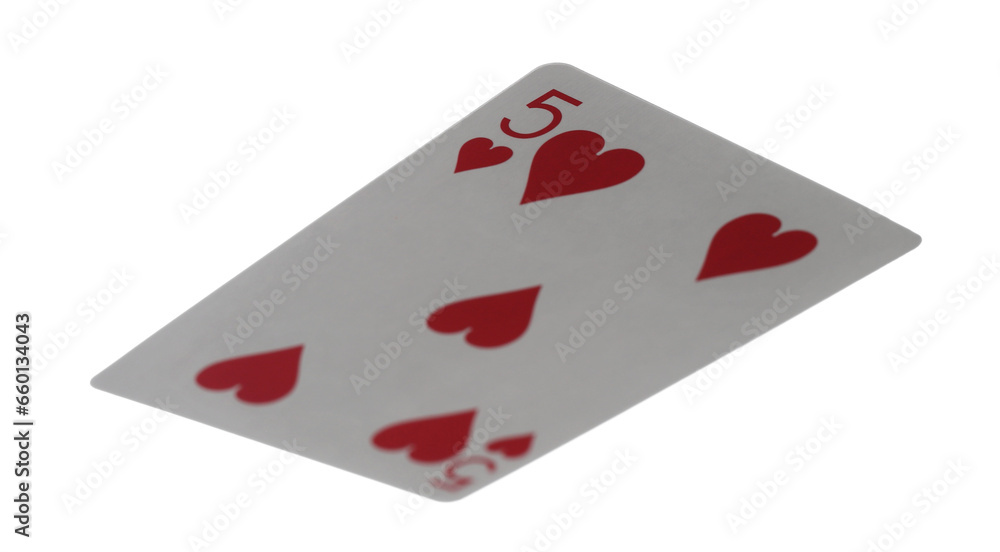 Playing cards for poker and gambling, five heart isolated on white, clipping path