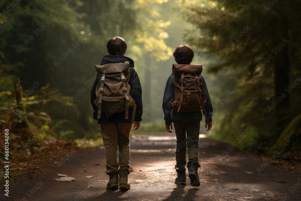 Boys on a forest road with backpacks ready for adventure