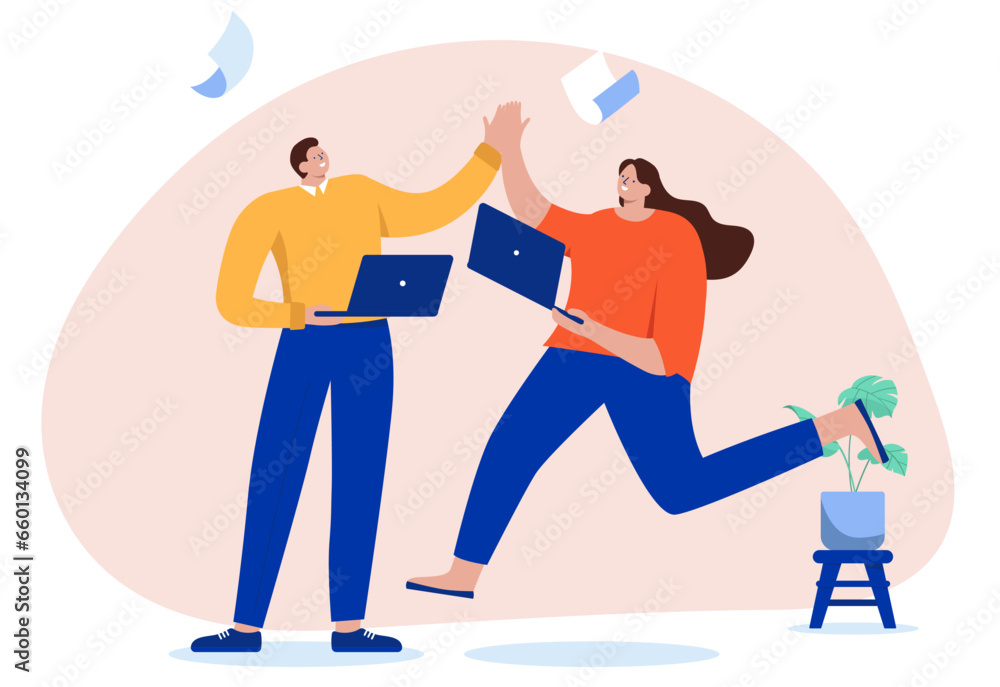 Work high five - Two happy businesspeople having a cool and awesome time at work, clapping hands together in celebration and positive attitude. Flat design vector illustration with white background