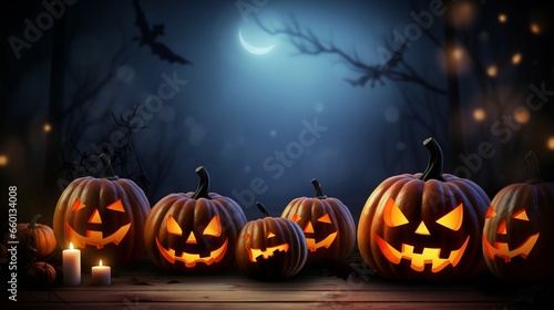 A spooky Halloween-themed tabletop setup with pumpkins featuring illuminated eyes, Halloween, blurred background, with copy space