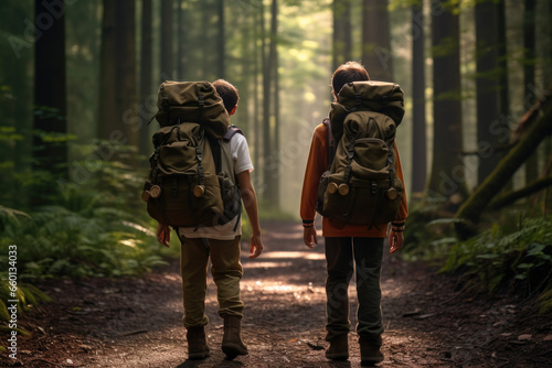 Boys on a forest road with backpacks ready for adventure