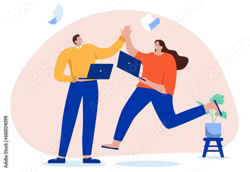 Work high five - Two happy businesspeople having a cool and awesome time at work, clapping hands together in celebration and positive attitude. Flat design vector illustration with white background