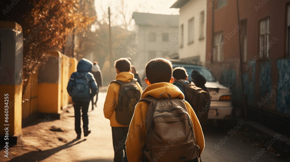 Little kids schoolchildren pupils students running hurrying to the school building for classes lessons from to the school bus. Welcome back to school. The new academic semester year start Little kids schoolchildren pupils students running hurrying to the school building for classes lessons from to the school bus. Welcome back to school. The new academic semester year start