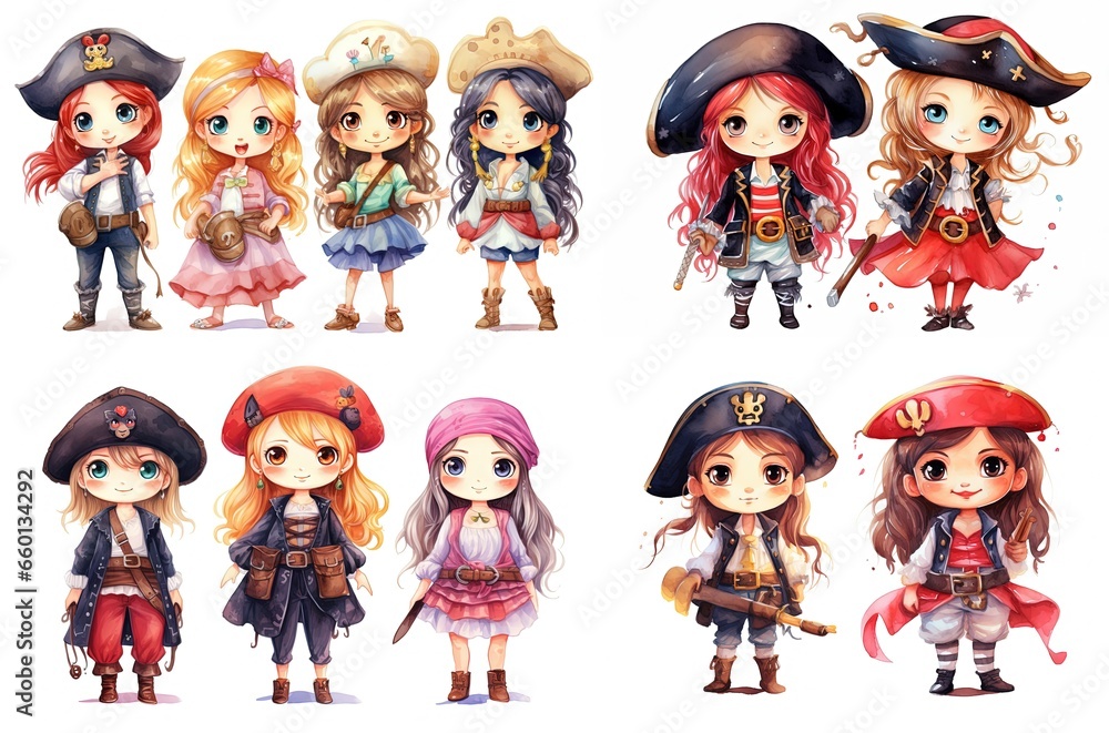 cartoon illustration group of cute pirate girls wearing tricorne hat ...