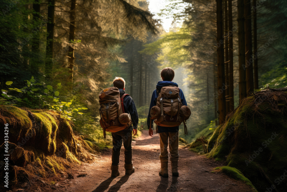 Boys on a forest road with backpacks ready for adventure Boys on a forest road with backpacks ready for adventure