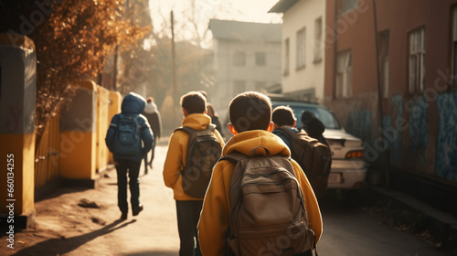 Little kids schoolchildren pupils students running hurrying to the school building for classes lessons from to the school bus. Welcome back to school. The new academic semester year start