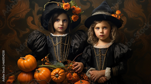 Children in costumes for the autumn holiday Halloween