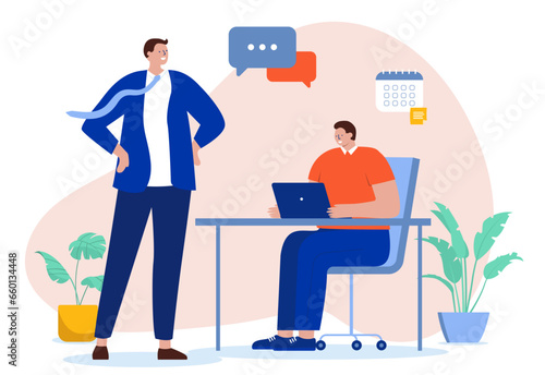 Conversation with manager - Boss and employee having a talk and discussion at workers desk. Flat design vector illustration with white background