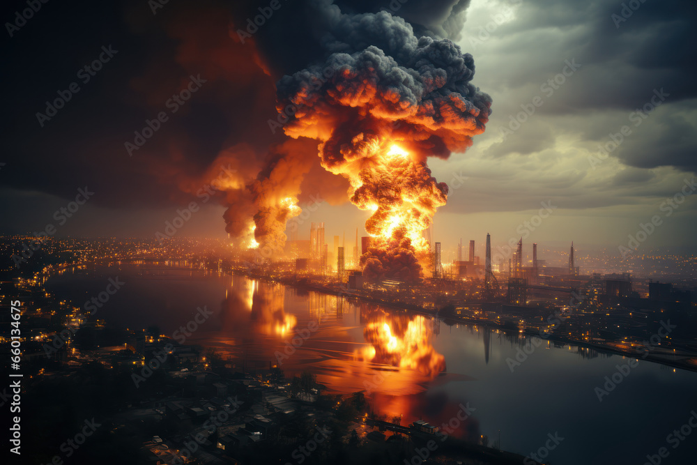 A chemical factory explosion releasing toxic clouds, posing a danger to the surrounding community. Concept of chemical factory explosion. Generative Ai.