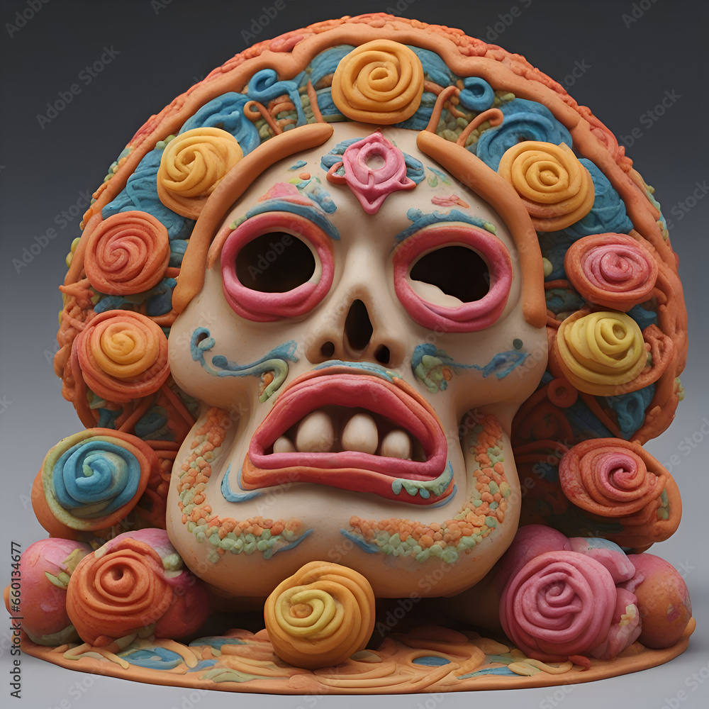 Colorful clay sugar skull on a gray background. 3d illustration