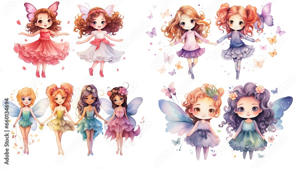 watercolor style cartoon illustration of cute fairy with bright wing wearing pretty dress, isolated on white background, collection set, Generative Ai - obrazy, fototapety, plakaty 