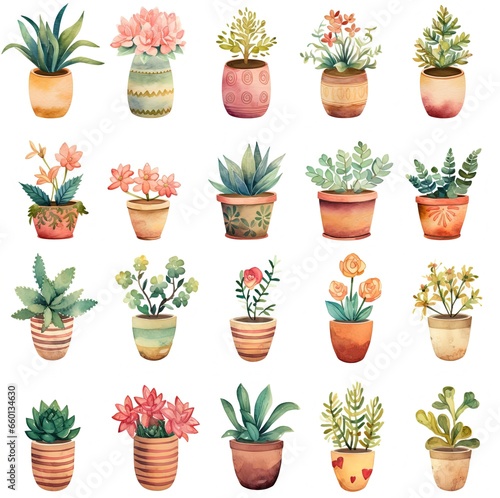 watercolor style cartoon illustration of cute flower pots blossoming in many type of flower   isolated on white background  collection set  Generative Ai