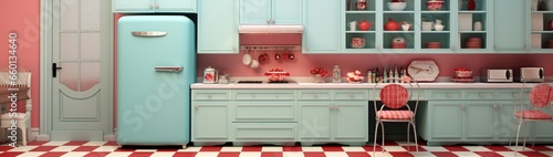 A vintage kitchen with checkerboard flooring, the retro fridge door blank for recipes or 50s branding. © ZQ Art Gallery 