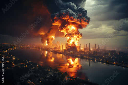 A chemical factory explosion releasing toxic clouds  posing a danger to the surrounding community. Concept of chemical factory explosion. Generative Ai.