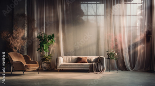 wnętrze salonu pokoju z sofą firanami i roślinami domowymi 