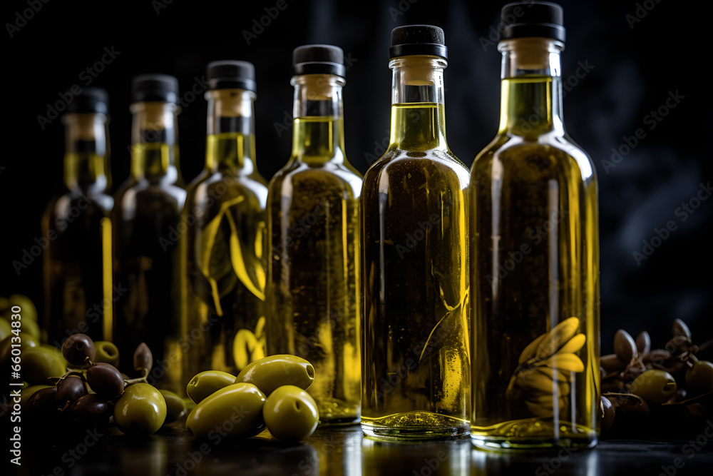 Bottles of Olive oil close up, Italian food, mediterranean,