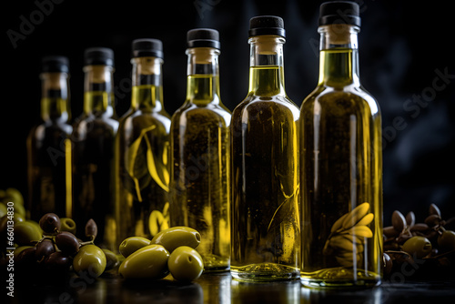 Bottles of Olive oil close up, Italian food, mediterranean,