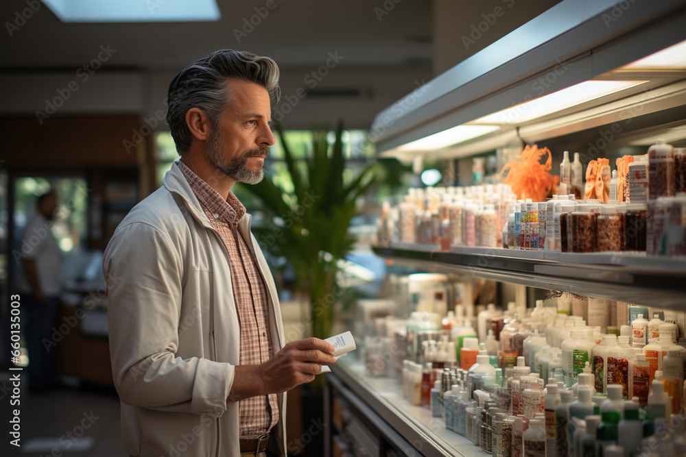 Fototapeta premium Man standing in front of a pharmacy counter.
