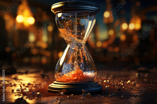 A broken hourglass releasing its last grains of sand, illustrating the finality of moments and the end of time. Concept of impermanence. Generative Ai. #660135213