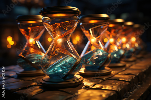 A series of interconnected hourglasses symbolizing the continuity of time's flow from one era to the next. Concept of historical evolution. Generative Ai.