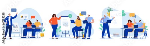 People in business training collection - Set of illustrations with group of businesspeople talking courses, education and studying while discussing and learning together. Flat design vector