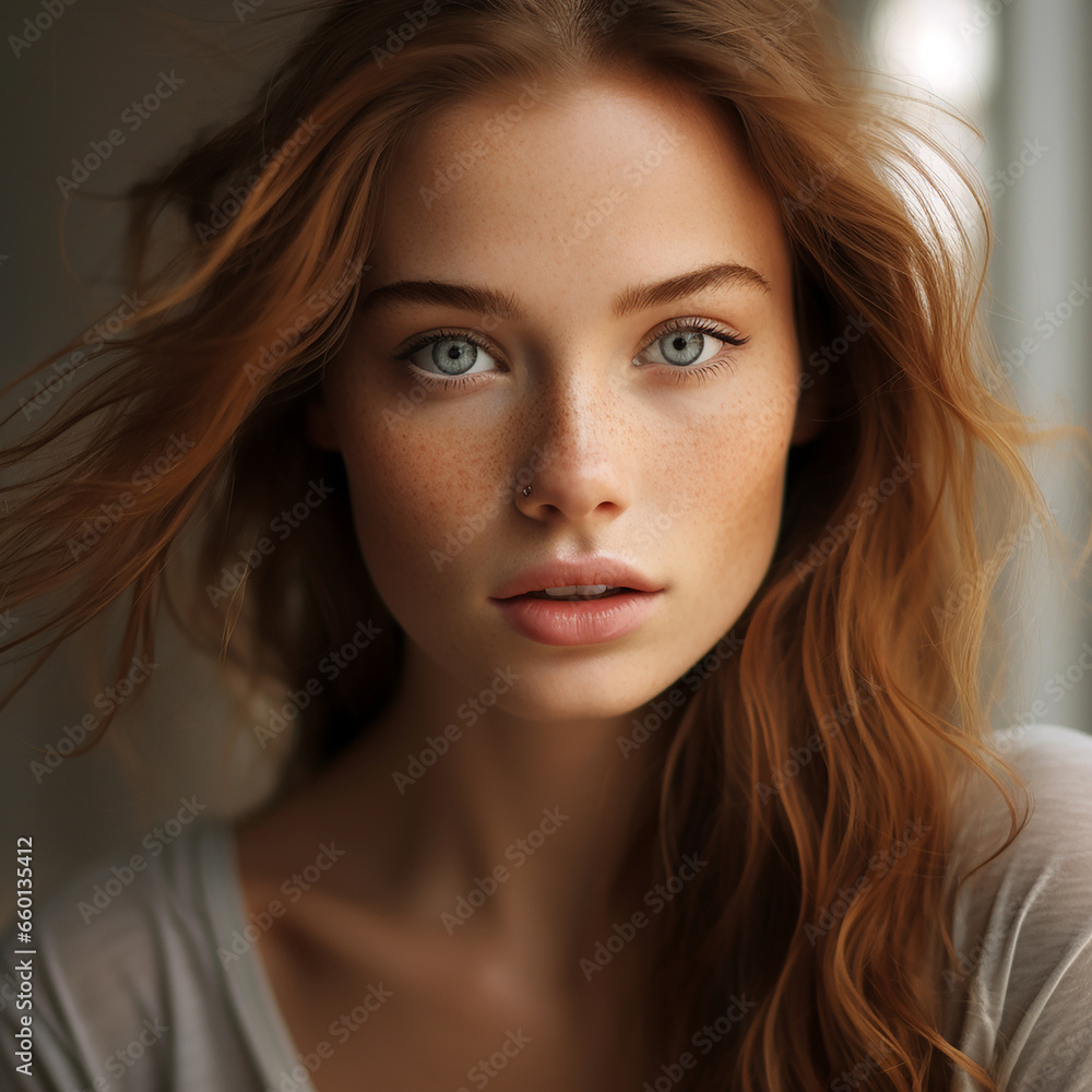 Sensual close up portrait of a young ginger caucasian attractive girl with freckles. Natural beauty, fashion, emotional concept Sensual close up portrait of a young ginger caucasian attractive girl with freckles. Natural beauty, fashion, emotional concept