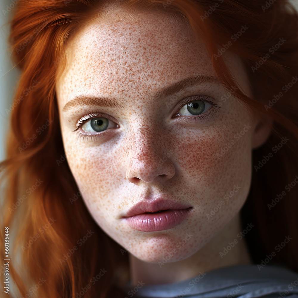 Sensual close up portrait of a young ginger caucasian attractive girl with freckles. Natural beauty, fashion, emotional concept Sensual close up portrait of a young ginger caucasian attractive girl with freckles. Natural beauty, fashion, emotional concept
